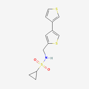 molecular formula C12H13NO2S3 B2390621 N-[(4-Thiophen-3-ylthiophen-2-yl)methyl]cyclopropanesulfonamide CAS No. 2380059-24-3