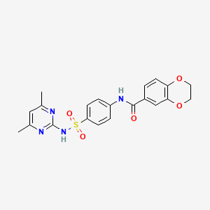 molecular formula C21H20N4O5S B2390631 N-(4-{[(4,6-dimethyl-2-pyrimidinyl)amino]sulfonyl}phenyl)-2,3-dihydro-1,4-benzodioxine-6-carboxamide CAS No. 457651-15-9