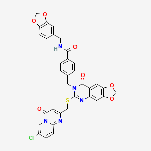 molecular formula C34H24ClN5O7S B2390645 N-(1,3-benzodioxol-5-ylmethyl)-4-{[6-{[(7-chloro-4-oxo-4H-pyrido[1,2-a]pyrimidin-2-yl)methyl]thio}-8-oxo[1,3]dioxolo[4,5-g]quinazolin-7(8H)-yl]methyl}benzamide CAS No. 688061-86-1
