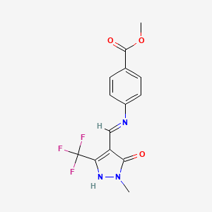 molecular formula C14H12F3N3O3 B2390647 methyl 4-({[1-methyl-5-oxo-3-(trifluoromethyl)-1,5-dihydro-4H-pyrazol-4-yliden]methyl}amino)benzenecarboxylate CAS No. 320425-12-5