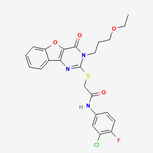 molecular formula C23H21ClFN3O4S B2390650 N-(3-chloro-4-fluorophenyl)-2-{[3-(3-ethoxypropyl)-4-oxo-3,4-dihydro[1]benzofuro[3,2-d]pyrimidin-2-yl]sulfanyl}acetamide CAS No. 866894-95-3