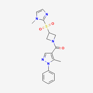 molecular formula C18H19N5O3S B2390691 (5-methyl-1-phenyl-1H-pyrazol-4-yl)(3-((1-methyl-1H-imidazol-2-yl)sulfonyl)azetidin-1-yl)methanone CAS No. 2319635-98-6