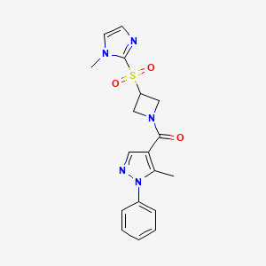 molecular formula C18H19N5O3S B2390691 5-メチル-4-{3-[(1-メチル-1H-イミダゾール-2-イル)スルホニル]アゼチジン-1-カルボニル}-1-フェニル-1H-ピラゾール CAS No. 2319635-98-6