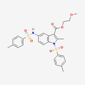 molecular formula C27H28N2O7S2 B2390703 2-Methoxyethyl 2-methyl-1-(4-methylphenyl)sulfonyl-5-[(4-methylphenyl)sulfonylamino]indole-3-carboxylate CAS No. 442553-72-2