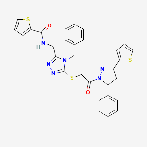 molecular formula C31H28N6O2S3 B2390709 N-[[4-benzyl-5-[2-[3-(4-methylphenyl)-5-thiophen-2-yl-3,4-dihydropyrazol-2-yl]-2-oxoethyl]sulfanyl-1,2,4-triazol-3-yl]methyl]thiophene-2-carboxamide CAS No. 362509-74-8