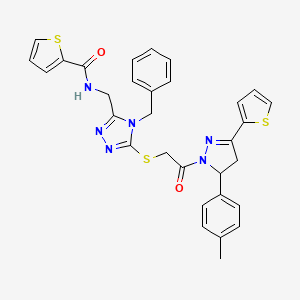 molecular formula C31H28N6O2S3 B2390709 N-{[4-benzyl-5-({2-[5-(4-methylphenyl)-3-(thiophen-2-yl)-4,5-dihydro-1H-pyrazol-1-yl]-2-oxoethyl}sulfanyl)-4H-1,2,4-triazol-3-yl]methyl}thiophene-2-carboxamide CAS No. 362509-74-8