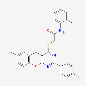 molecular formula C27H22FN3O2S B2390793 2-((2-(4-fluorophenyl)-7-methyl-5H-chromeno[2,3-d]pyrimidin-4-yl)thio)-N-(o-tolyl)acetamide CAS No. 895646-72-7