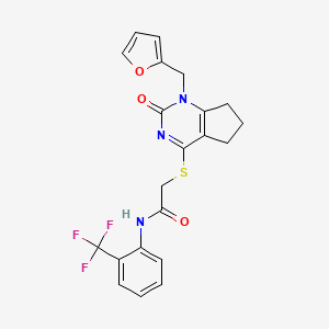 molecular formula C21H18F3N3O3S B2390794 2-((1-(呋喃-2-基甲基)-2-氧代-2,5,6,7-四氢-1H-环戊并[d]嘧啶-4-基)硫代)-N-(2-(三氟甲基)苯基)乙酰胺 CAS No. 946326-19-8