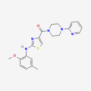 molecular formula C21H23N5O2S B2390805 (2-((2-メトキシ-5-メチルフェニル)アミノ)チアゾール-4-イル)(4-(ピリジン-2-イル)ピペラジン-1-イル)メタノン CAS No. 1172479-44-5