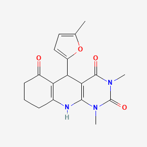 molecular formula C18H19N3O4 B2390928 1,3-dimethyl-5-(5-methylfuran-2-yl)-7,8,9,10-tetrahydropyrimido[4,5-b]quinoline-2,4,6(1H,3H,5H)-trione CAS No. 537008-33-6