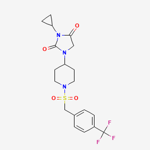 molecular formula C19H22F3N3O4S B2390972 3-Cyclopropyl-1-(1-{[4-(trifluoromethyl)phenyl]methanesulfonyl}piperidin-4-yl)imidazolidine-2,4-dione CAS No. 2097917-74-1
