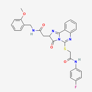 molecular formula C28H24FN5O4S B2390975 2-[5-[2-(4-fluoroanilino)-2-oxoethyl]sulfanyl-3-oxo-2H-imidazo[1,2-c]quinazolin-2-yl]-N-[(2-methoxyphenyl)methyl]acetamide CAS No. 959561-20-7