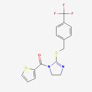 molecular formula C16H13F3N2OS2 B2391041 thiophen-2-yl(2-((4-(trifluoromethyl)benzyl)thio)-4,5-dihydro-1H-imidazol-1-yl)methanone CAS No. 851806-61-6