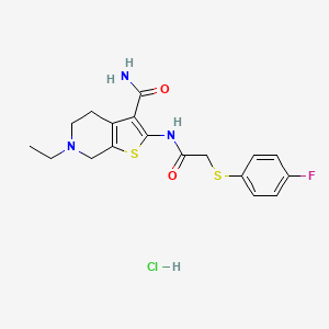 molecular formula C18H21ClFN3O2S2 B2391095 6-Ethyl-2-(2-((4-fluorophenyl)thio)acetamido)-4,5,6,7-tetrahydrothieno[2,3-c]pyridine-3-carboxamide hydrochloride CAS No. 1329870-18-9