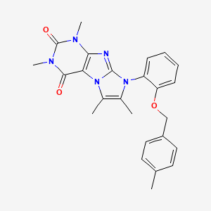 molecular formula C25H25N5O3 B2391130 1,3,6,7-tetramethyl-8-(2-((4-methylbenzyl)oxy)phenyl)-1H-imidazo[2,1-f]purine-2,4(3H,8H)-dione CAS No. 923384-21-8