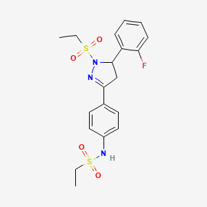 molecular formula C19H22FN3O4S2 B2391260 N-[4-[2-ethylsulfonyl-3-(2-fluorophenyl)-3,4-dihydropyrazol-5-yl]phenyl]ethanesulfonamide CAS No. 851781-66-3