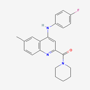 molecular formula C22H22FN3O B2391350 (4-((4-Fluorophenyl)amino)-6-methylquinolin-2-yl)(piperidin-1-yl)methanone CAS No. 1226455-79-3