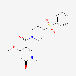 molecular formula C19H22N2O5S B2391419 4-methoxy-1-methyl-5-(4-(phenylsulfonyl)piperidine-1-carbonyl)pyridin-2(1H)-one CAS No. 2034441-21-7