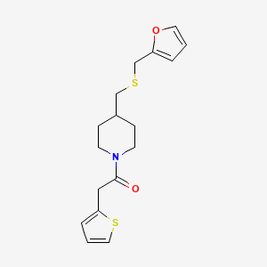 molecular formula C17H21NO2S2 B2391506 1-(4-(((Furan-2-ylmethyl)thio)methyl)piperidin-1-yl)-2-(thiophen-2-yl)ethanone CAS No. 1396859-29-2