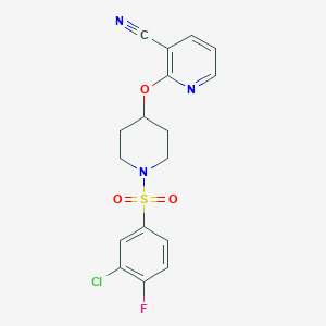 molecular formula C17H15ClFN3O3S B2391548 2-((1-((3-Chloro-4-fluorophenyl)sulfonyl)piperidin-4-yl)oxy)nicotinonitrile CAS No. 1797595-92-6