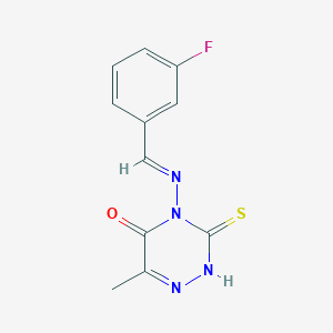 molecular formula C11H9FN4OS B2391607 4-[(E)-(3-fluorophenyl)methylideneamino]-6-methyl-3-sulfanylidene-2H-1,2,4-triazin-5-one CAS No. 691393-15-4