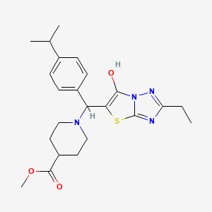 molecular formula C23H30N4O3S B2391633 Methyl 1-((2-ethyl-6-hydroxythiazolo[3,2-b][1,2,4]triazol-5-yl)(4-isopropylphenyl)methyl)piperidine-4-carboxylate CAS No. 886907-88-6