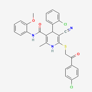 molecular formula C29H23Cl2N3O3S B2391646 4-(2-chlorophenyl)-6-{[2-(4-chlorophenyl)-2-oxoethyl]sulfanyl}-5-cyano-N-(2-methoxyphenyl)-2-methyl-1,4-dihydropyridine-3-carboxamide CAS No. 330558-00-4