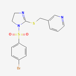 molecular formula C15H14BrN3O2S2 B2391788 3-[[1-(4-Bromophenyl)sulfonyl-4,5-dihydroimidazol-2-yl]sulfanylmethyl]pyridine CAS No. 868218-75-1