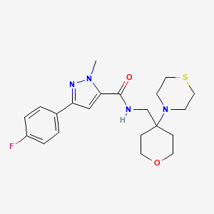molecular formula C21H27FN4O2S B2391823 5-(4-Fluorophenyl)-2-methyl-N-[(4-thiomorpholin-4-yloxan-4-yl)methyl]pyrazole-3-carboxamide CAS No. 2415540-38-2