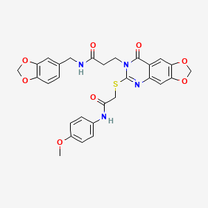 N-(1,3-benzodioxol-5-ylmethyl)-3-[6-[2-(4-methoxyanilino)-2-oxoethyl]sulfanyl-8-oxo-[1,3]dioxolo[4,5-g]quinazolin-7-yl]propanamide