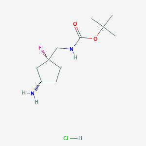 molecular formula C11H22ClFN2O2 B2392021 Tert-butyl N-[[(1R,3S)-3-amino-1-fluorocyclopentyl]methyl]carbamate;hydrochloride CAS No. 2361609-34-7