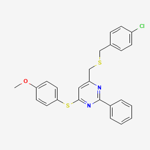 molecular formula C25H21ClN2OS2 B2392042 4-(((4-Chlorobenzyl)sulfanyl)methyl)-6-((4-methoxyphenyl)sulfanyl)-2-phenylpyrimidine CAS No. 338960-76-2