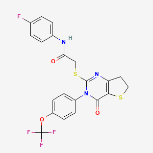molecular formula C21H15F4N3O3S2 B2392059 N-(4-fluorophenyl)-2-((4-oxo-3-(4-(trifluoromethoxy)phenyl)-3,4,6,7-tetrahydrothieno[3,2-d]pyrimidin-2-yl)thio)acetamide CAS No. 877654-45-0