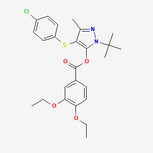 molecular formula C25H29ClN2O4S B2392060 1-(叔丁基)-4-((4-氯苯基)硫代)-3-甲基-1H-吡唑-5-基 3,4-二乙氧基苯甲酸酯 CAS No. 851127-76-9