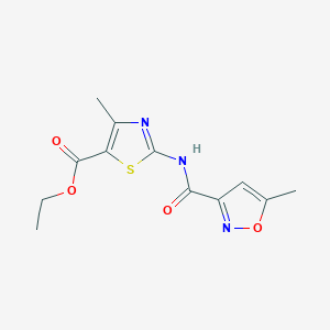 molecular formula C12H13N3O4S B2392062 Ethyl 4-methyl-2-(5-methylisoxazole-3-carboxamido)thiazole-5-carboxylate CAS No. 932902-09-5