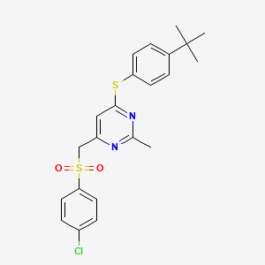 molecular formula C22H23ClN2O2S2 B2392070 (6-((4-(Tert-butyl)phenyl)sulfanyl)-2-methyl-4-pyrimidinyl)methyl 4-chlorophenyl sulfone CAS No. 338960-58-0