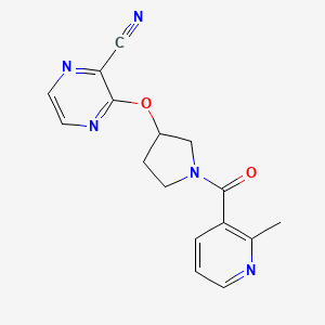 molecular formula C16H15N5O2 B2392073 3-((1-(2-Methylnicotinoyl)pyrrolidin-3-yl)oxy)pyrazine-2-carbonitrile CAS No. 2034206-82-9