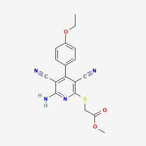 molecular formula C18H16N4O3S B2392100 Methyl 2-((6-amino-3,5-dicyano-4-(4-ethoxyphenyl)pyridin-2-yl)thio)acetate CAS No. 361477-84-1