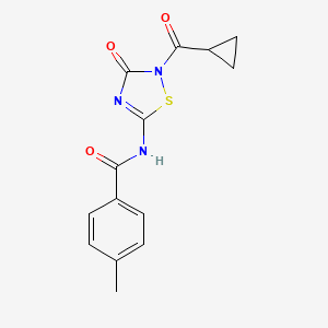 molecular formula C14H13N3O3S B2392123 N-[2-(cyclopropylcarbonyl)-3-oxo-2,3-dihydro-1,2,4-thiadiazol-5-yl]-4-methylbenzenecarboxamide CAS No. 478031-92-4