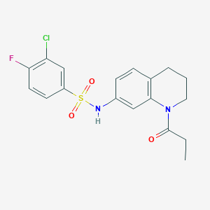 molecular formula C18H18ClFN2O3S B2392132 3-chloro-4-fluoro-N-(1-propionyl-1,2,3,4-tetrahydroquinolin-7-yl)benzenesulfonamide CAS No. 1170577-53-3