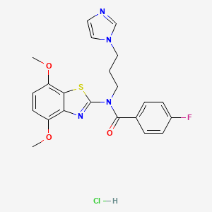 molecular formula C22H22ClFN4O3S B2392143 N-(3-(1H-imidazol-1-yl)propyl)-N-(4,7-dimethoxybenzo[d]thiazol-2-yl)-4-fluorobenzamide hydrochloride CAS No. 1216882-11-9