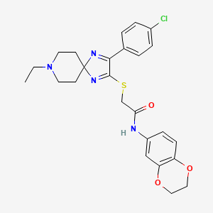 molecular formula C25H27ClN4O3S B2392162 2-((3-(4-chlorophenyl)-8-ethyl-1,4,8-triazaspiro[4.5]deca-1,3-dien-2-yl)thio)-N-(2,3-dihydrobenzo[b][1,4]dioxin-6-yl)acetamide CAS No. 1184964-25-7