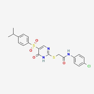 molecular formula C21H20ClN3O4S2 B2392168 N-(4-chlorophenyl)-2-((5-((4-isopropylphenyl)sulfonyl)-6-oxo-1,6-dihydropyrimidin-2-yl)thio)acetamide CAS No. 866810-59-5