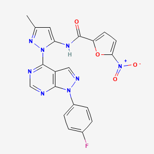 molecular formula C20H13FN8O4 B2392248 N-(1-(1-(4-氟苯基)-1H-吡唑并[3,4-d]嘧啶-4-基)-3-甲基-1H-吡唑-5-基)-5-硝基呋喃-2-甲酰胺 CAS No. 1007032-24-7