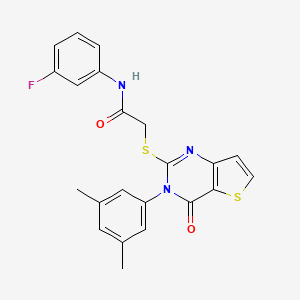 molecular formula C22H18FN3O2S2 B2392340 2-{[3-(3,5-二甲苯基)-4-氧代-3,4-二氢噻吩并[3,2-d]嘧啶-2-基]硫代}-N-(3-氟苯基)乙酰胺 CAS No. 1260928-17-3