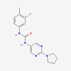 molecular formula C16H18FN5O B2392343 1-(3-氟-4-甲基苯基)-3-(2-(吡咯烷-1-基)嘧啶-5-基)脲 CAS No. 1396846-04-0