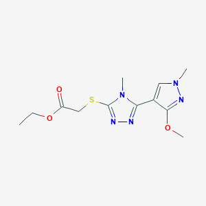 molecular formula C12H17N5O3S B2392358 ethyl 2-((5-(3-methoxy-1-methyl-1H-pyrazol-4-yl)-4-methyl-4H-1,2,4-triazol-3-yl)thio)acetate CAS No. 1014074-07-7