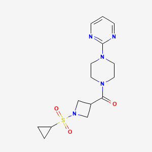 molecular formula C15H21N5O3S B2392390 (1-(环丙基磺酰基)氮杂环丁-3-基)(4-(嘧啶-2-基)哌嗪-1-基)甲酮 CAS No. 1428364-64-0