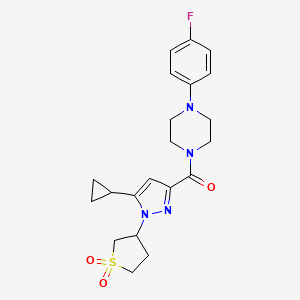 molecular formula C21H25FN4O3S B2392403 （5-环丙基-1-(1,1-二氧化四氢噻吩-3-基)-1H-吡唑-3-基）（4-(4-氟苯基）哌嗪-1-基）甲酮 CAS No. 1019096-43-5