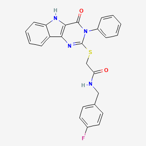 molecular formula C25H19FN4O2S B2392486 N-[(4-fluorophenyl)methyl]-2-[(4-oxo-3-phenyl-5H-pyrimido[5,4-b]indol-2-yl)sulfanyl]acetamide CAS No. 536703-90-9